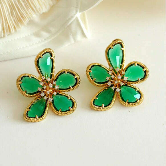 Fashion Crystal Flower Stud Earrings Brooch Ring Jewelry for Women Fashion Girls Vintage Jewelry Party Gift - KIMLUD