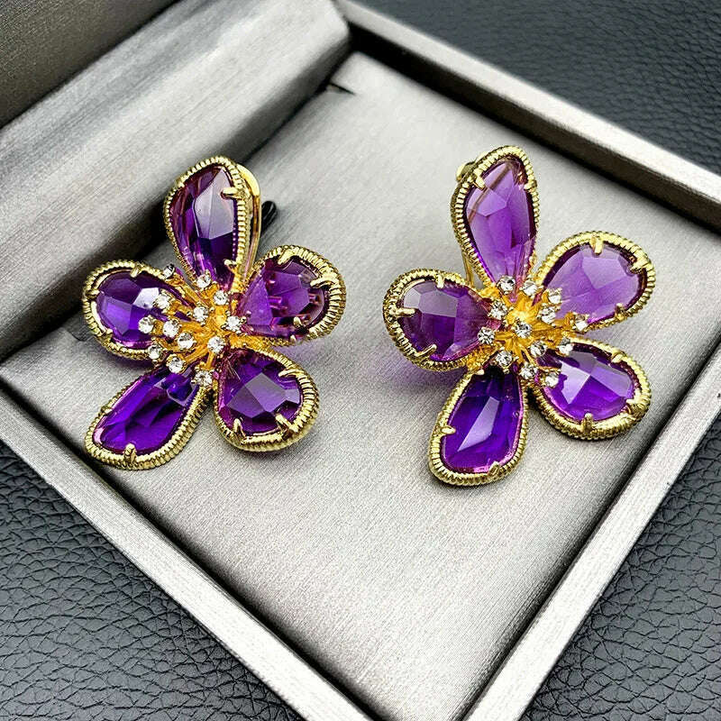 Fashion Crystal Flower Stud Earrings Brooch Ring Jewelry for Women Fashion Girls Vintage Jewelry Party Gift - KIMLUD