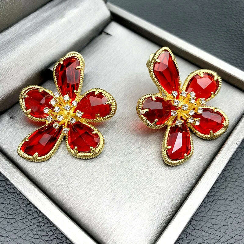 Fashion Crystal Flower Stud Earrings Brooch Ring Jewelry for Women Fashion Girls Vintage Jewelry Party Gift - KIMLUD