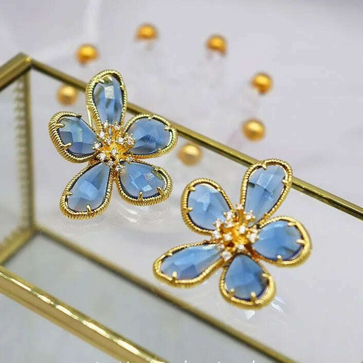 Fashion Crystal Flower Stud Earrings Brooch Ring Jewelry for Women Fashion Girls Vintage Jewelry Party Gift - KIMLUD