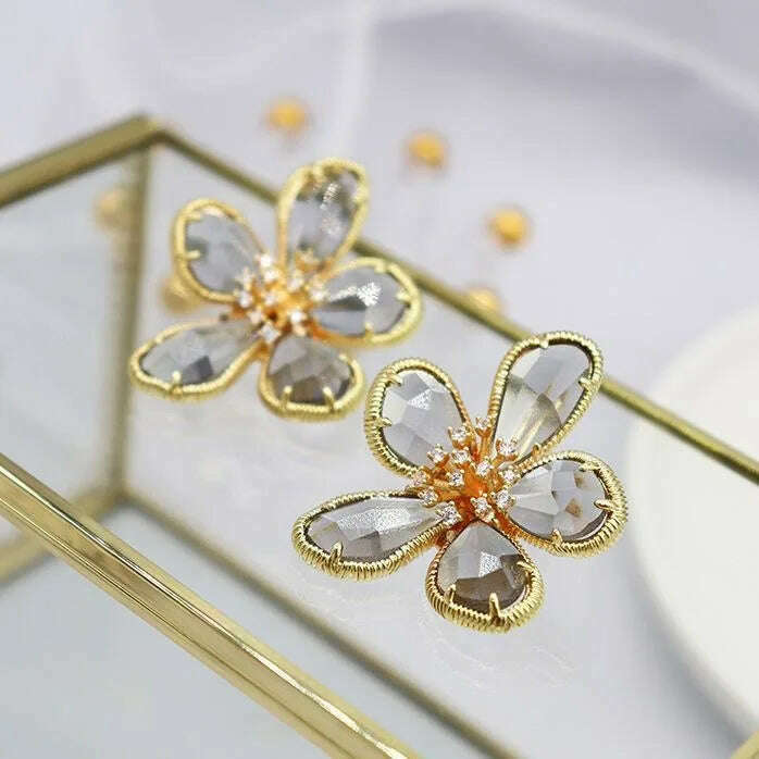 Fashion Crystal Flower Stud Earrings Brooch Ring Jewelry for Women Fashion Girls Vintage Jewelry Party Gift - KIMLUD