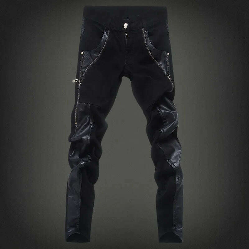 KIMLUD, Fashion Designer Men's Black Zipper Motorcycle Leather Pants Korean Slim Skinny splice Leather Pants Fashion Men's Denim Pants, black / 28, KIMLUD APPAREL - Womens Clothes