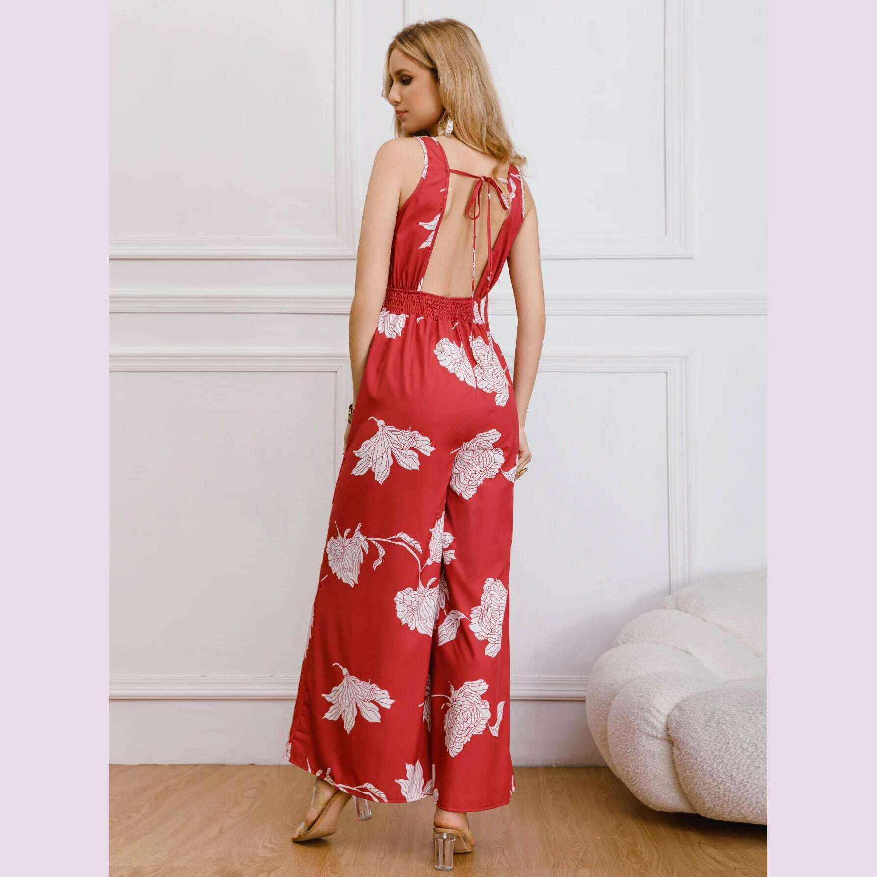 KIMLUD, Fashion Elegant Printed Wide Leg Jumpsuit Women Summer New Backless Strappy Vest Women's Jumpsuits, KIMLUD Womens Clothes