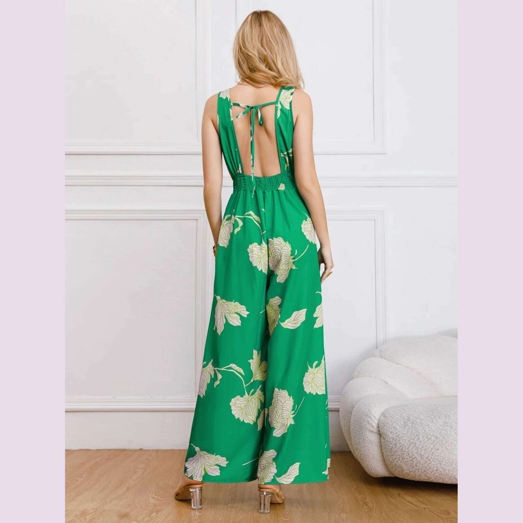 KIMLUD, Fashion Elegant Printed Wide Leg Jumpsuit Women Summer New Backless Strappy Vest Women's Jumpsuits, KIMLUD Womens Clothes