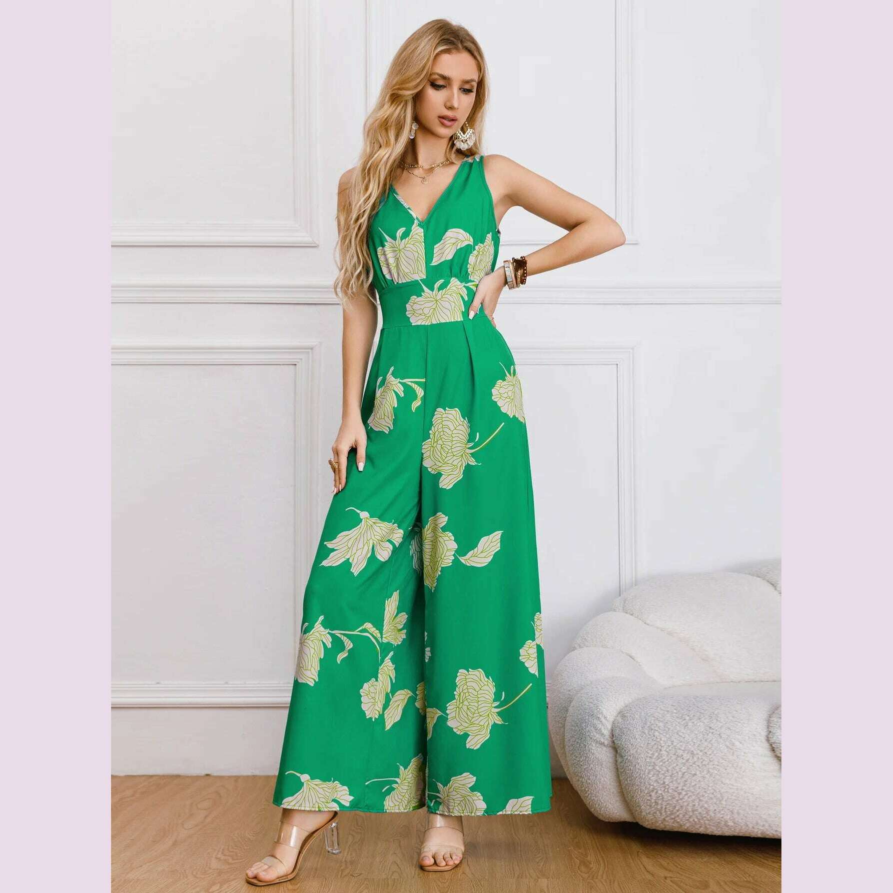 KIMLUD, Fashion Elegant Printed Wide Leg Jumpsuit Women Summer New Backless Strappy Vest Women's Jumpsuits, green / XL, KIMLUD APPAREL - Womens Clothes