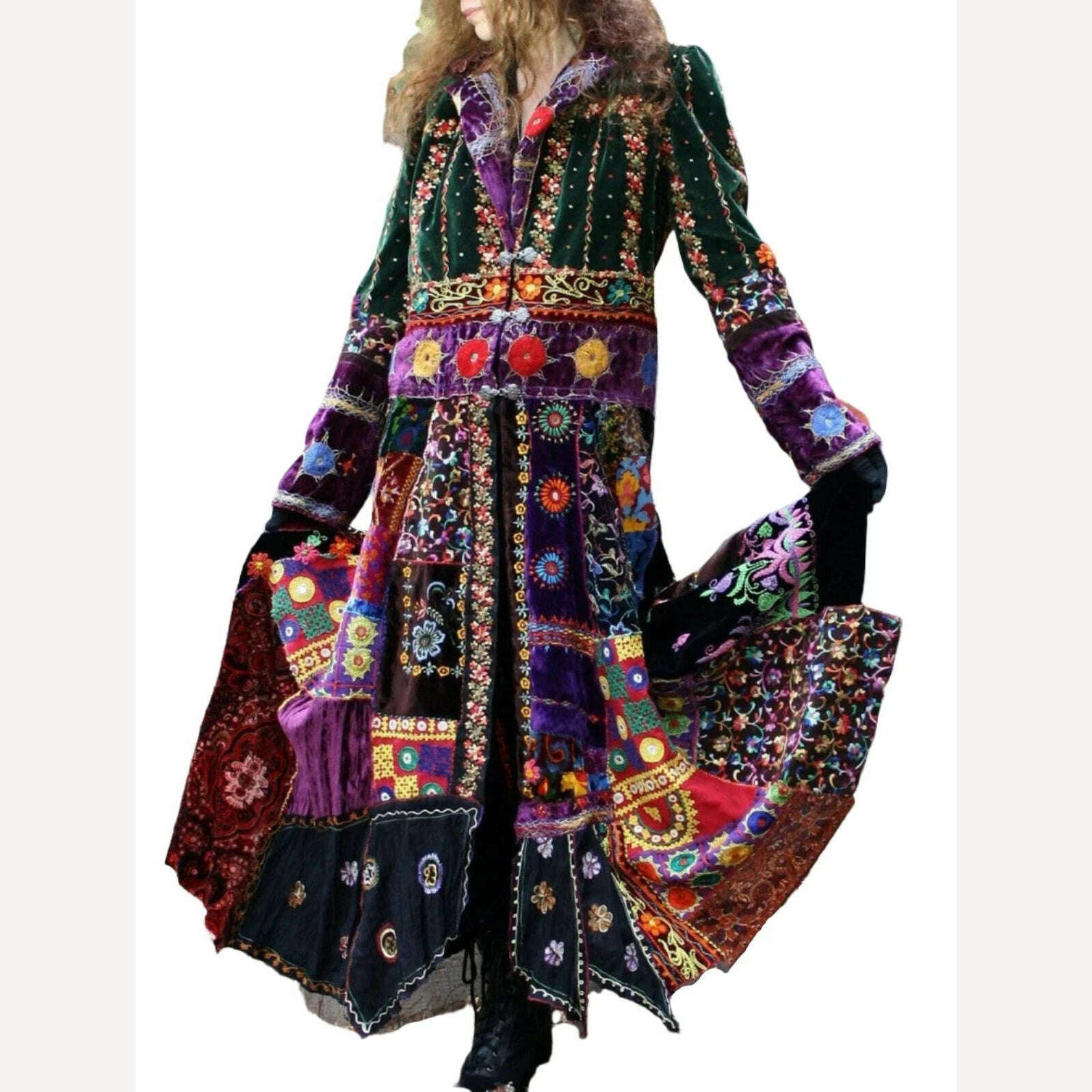 KIMLUD, Fashion Elegant Velvet Boho Lapel Color Block Coat Dress Casual Loose Patchwork Print Retro Robe Women's 2024 Summer Clothing, KIMLUD Womens Clothes