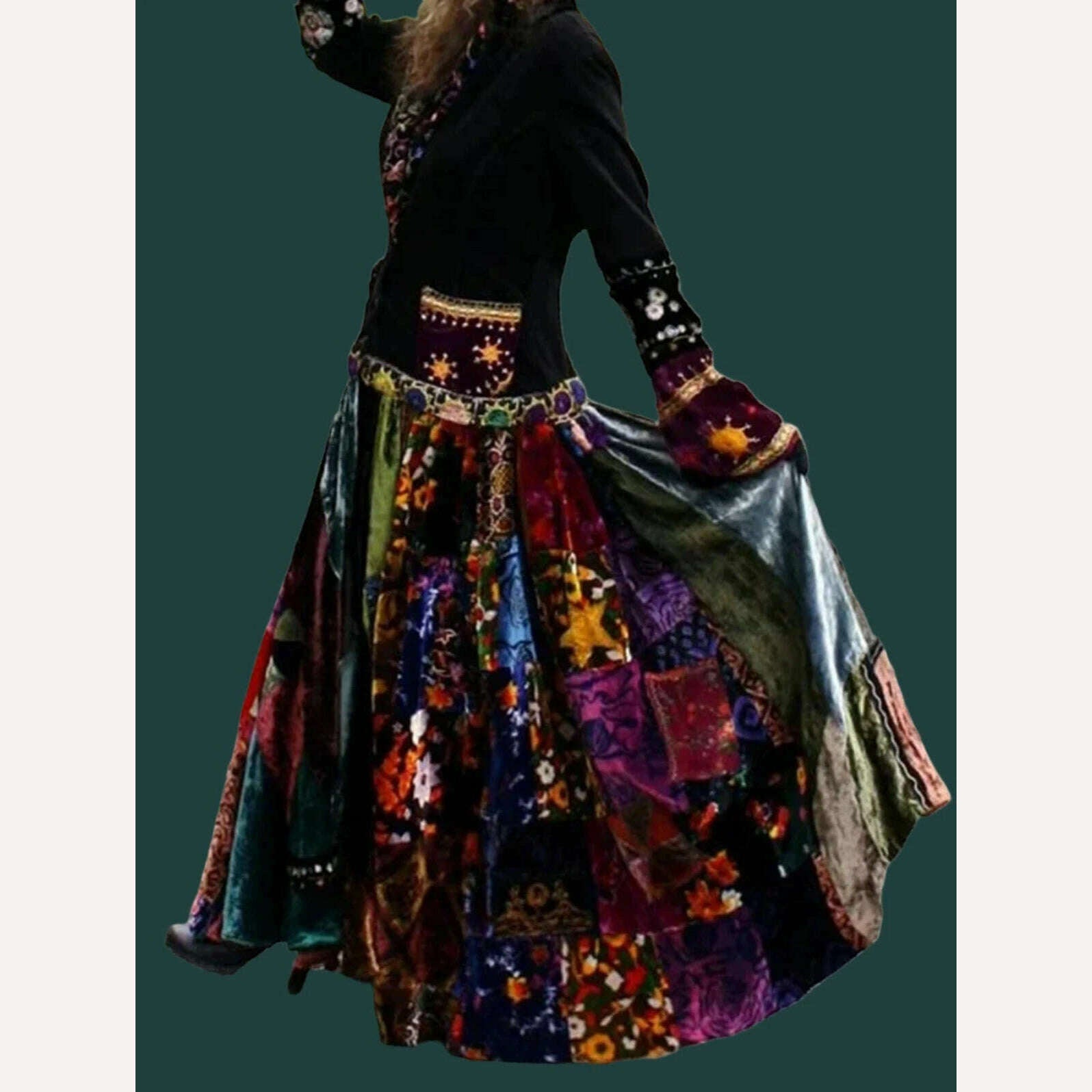 KIMLUD, Fashion Elegant Velvet Boho Lapel Color Block Coat Dress Casual Loose Patchwork Print Retro Robe Women's 2024 Summer Clothing, KIMLUD Womens Clothes