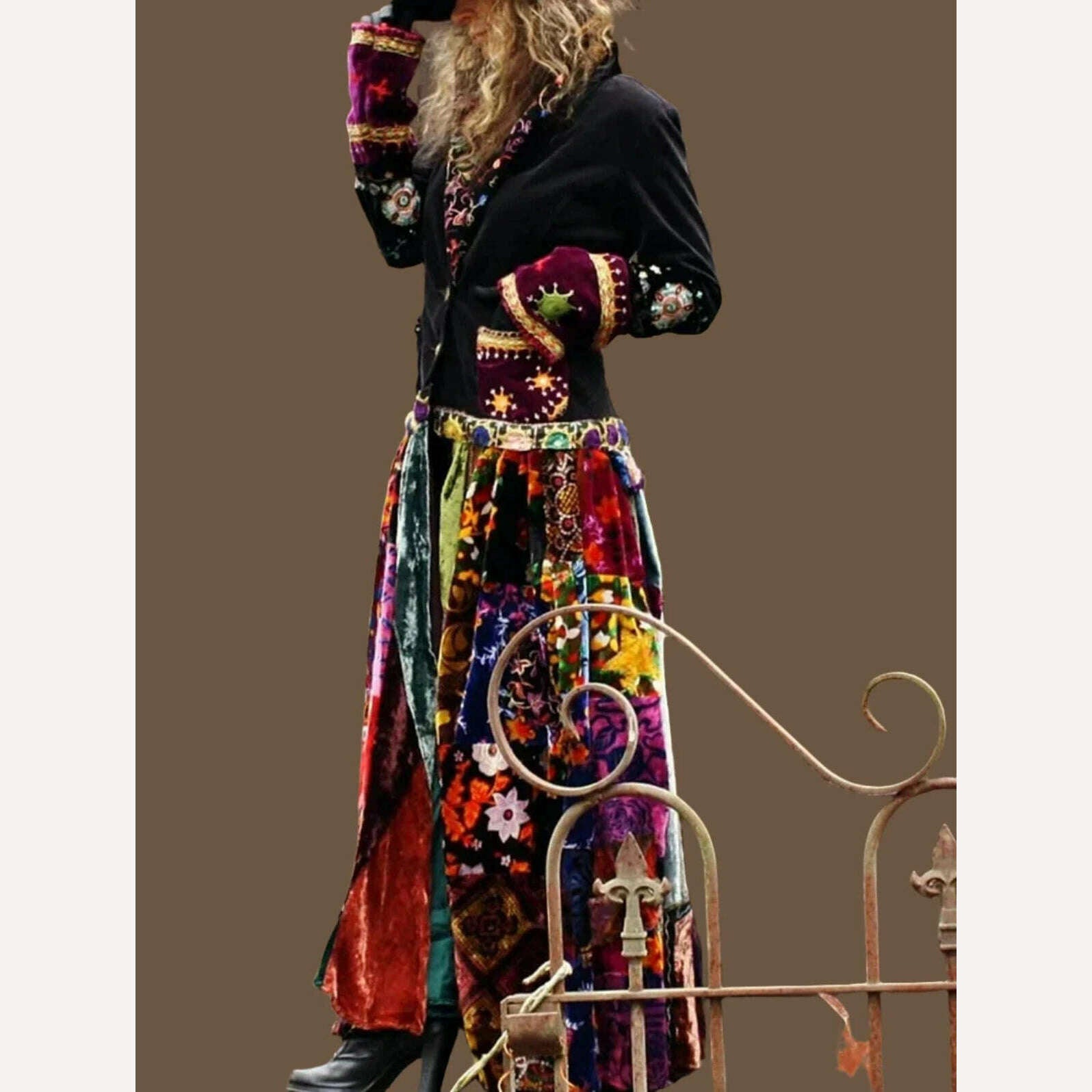 KIMLUD, Fashion Elegant Velvet Boho Lapel Color Block Coat Dress Casual Loose Patchwork Print Retro Robe Women's 2024 Summer Clothing, KIMLUD Womens Clothes