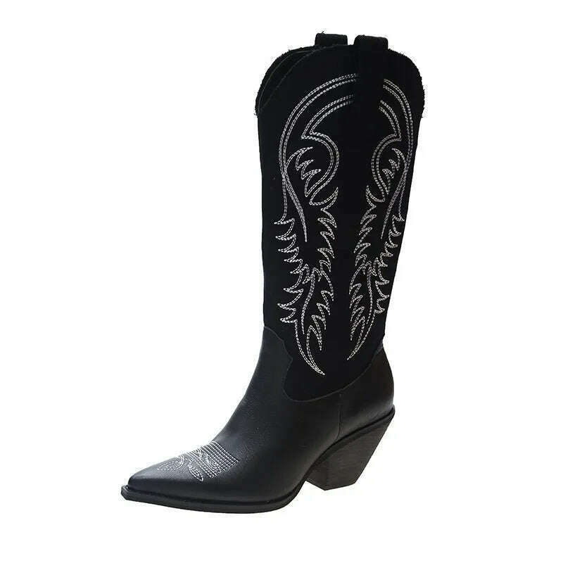 KIMLUD, Fashion Embossed Microfiber Leather Women Boots Pointed Toe Western Cowboy Boots Woman New Knee-High Boots Chunky Wedges Ladies, Black / 35, KIMLUD APPAREL - Womens Clothes