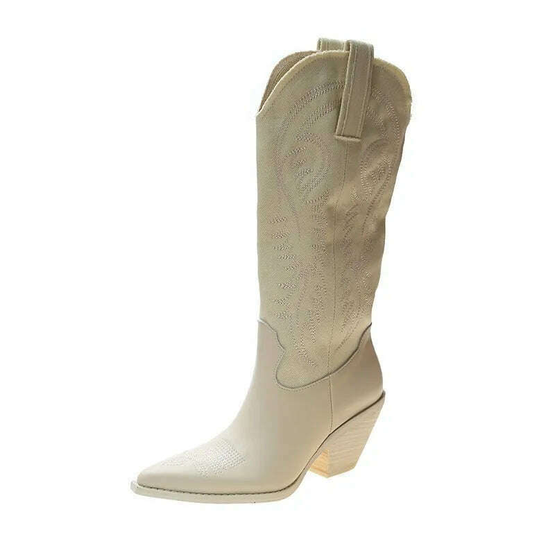 KIMLUD, Fashion Embossed Microfiber Leather Women Boots Pointed Toe Western Cowboy Boots Woman New Knee-High Boots Chunky Wedges Ladies, Beige / 35, KIMLUD APPAREL - Womens Clothes