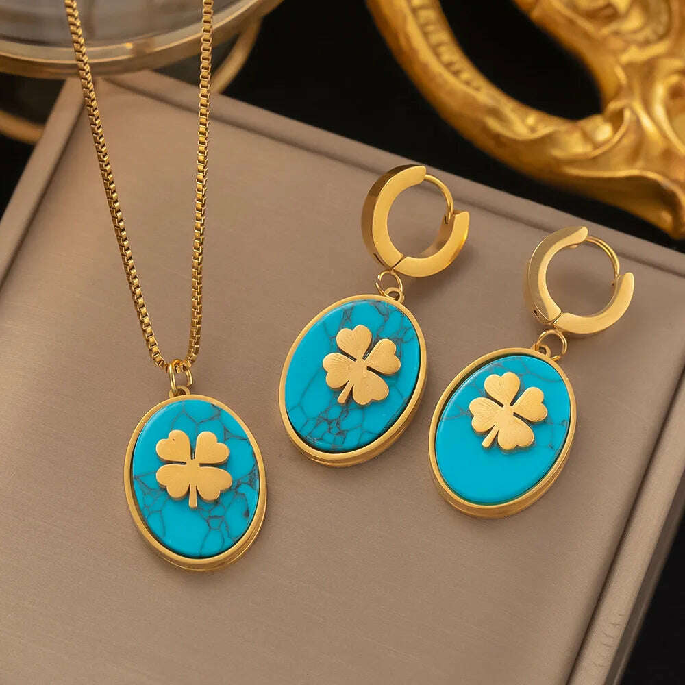 KIMLUD, Fashion Four-leaf Clover Stainless Steel Earrings Necklace Set For Women Lucky Turkish Blue Eyes Drop Pendant Daywear Jewelry, KIMLUD Womens Clothes