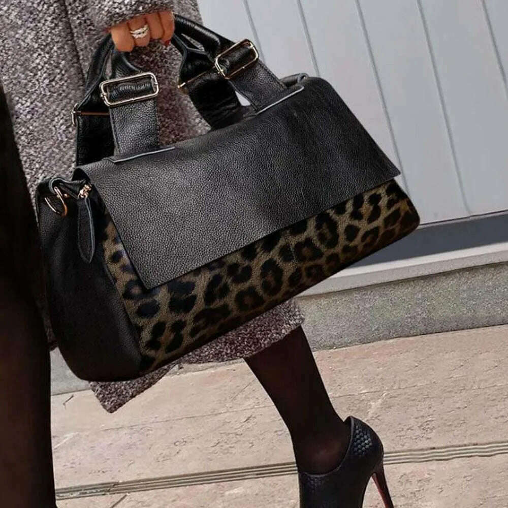 Fashion Genuine Leather Big Tote Handbags Leopard Pattern Soft Cowhide Travel Tote Ladies Long Strap Shoulder Weekend Bags - KIMLUD