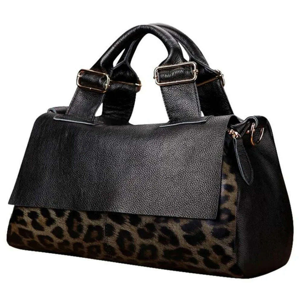 Fashion Genuine Leather Big Tote Handbags Leopard Pattern Soft Cowhide Travel Tote Ladies Long Strap Shoulder Weekend Bags - KIMLUD