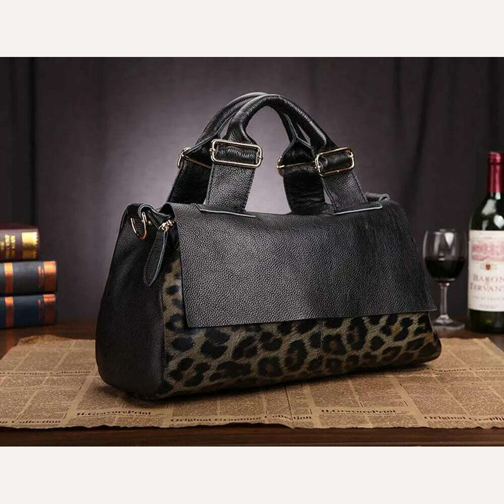 Fashion Genuine Leather Big Tote Handbags Leopard Pattern Soft Cowhide Travel Tote Ladies Long Strap Shoulder Weekend Bags - KIMLUD