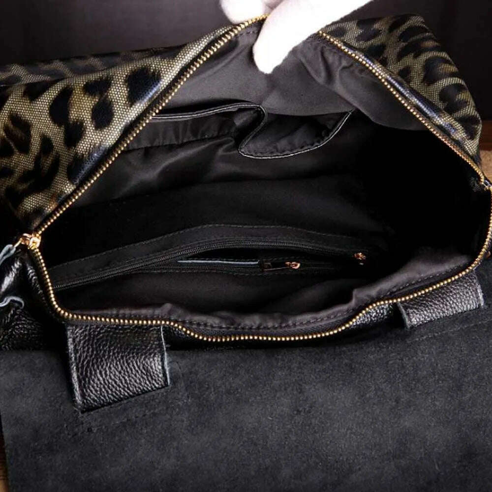 Fashion Genuine Leather Big Tote Handbags Leopard Pattern Soft Cowhide Travel Tote Ladies Long Strap Shoulder Weekend Bags - KIMLUD