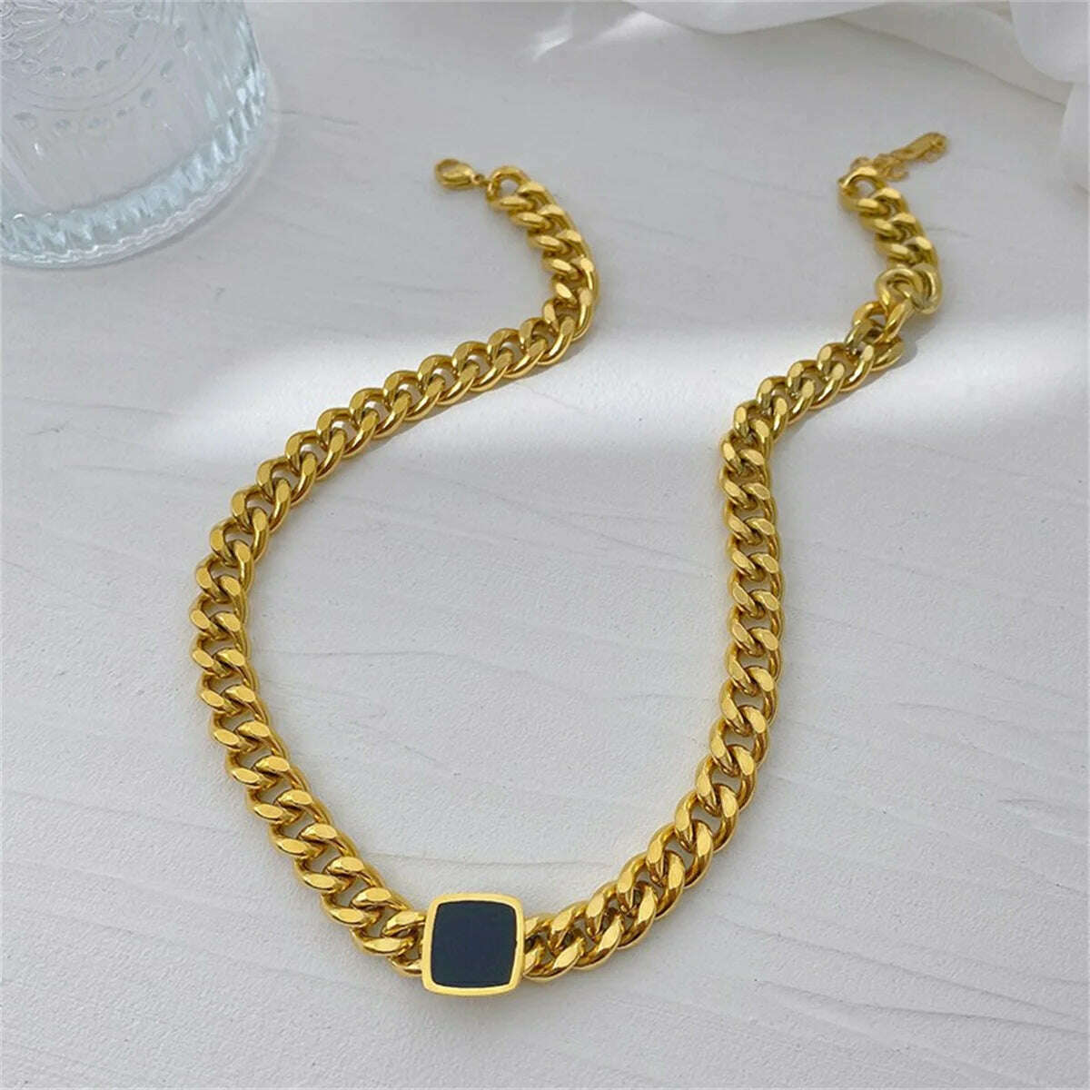 KIMLUD, Fashion Jewelry Personalized and Exaggerated Titanium Steel Thick Chain Necklace Versatile Black Square Pendant For Women, 0609 gold Necklace, KIMLUD APPAREL - Womens Clothes