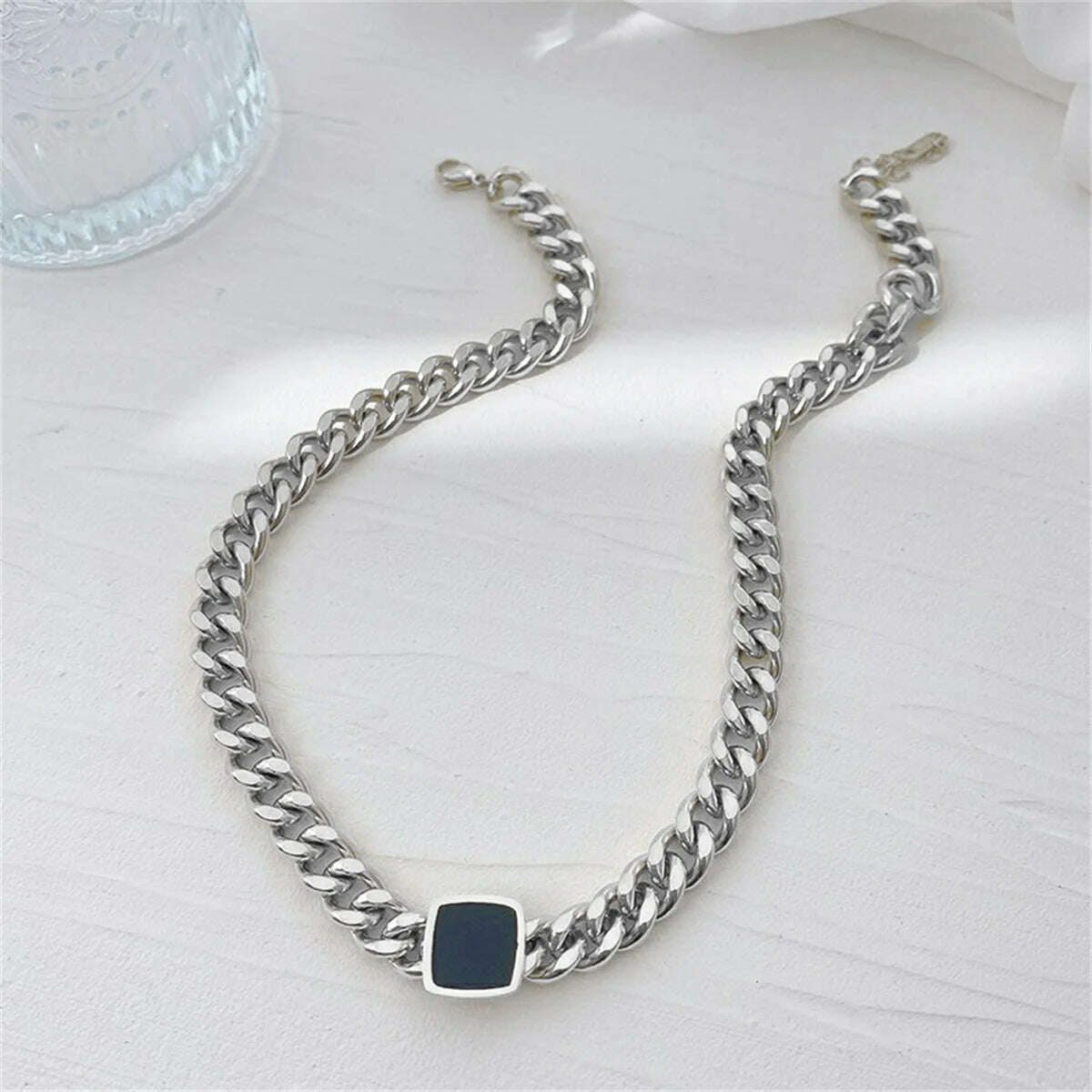 KIMLUD, Fashion Jewelry Personalized and Exaggerated Titanium Steel Thick Chain Necklace Versatile Black Square Pendant For Women, 0609 silver Necklace, KIMLUD APPAREL - Womens Clothes