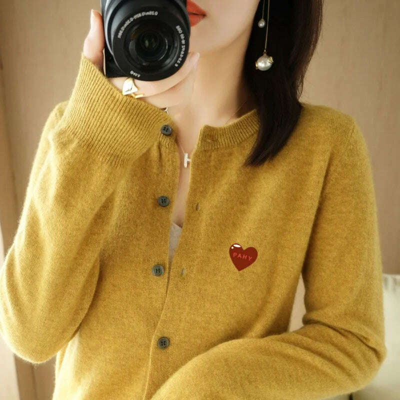 KIMLUD, Fashion Long Sleeve 100% Pure Merino Sweaters Wool Spring Autumn Cashmere Women Knitted O-Neck Top Cardigan Clothing Tops, mustard yellow / XXL, KIMLUD APPAREL - Womens Clothes