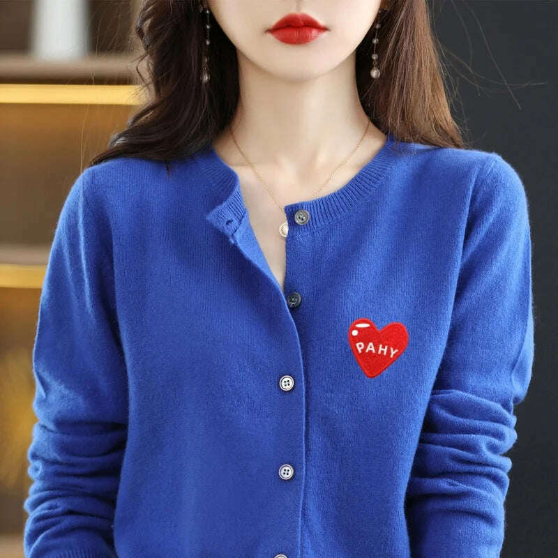 KIMLUD, Fashion Long Sleeve 100% Pure Merino Sweaters Wool Spring Autumn Cashmere Women Knitted O-Neck Top Cardigan Clothing Tops, Klein blue / S, KIMLUD APPAREL - Womens Clothes