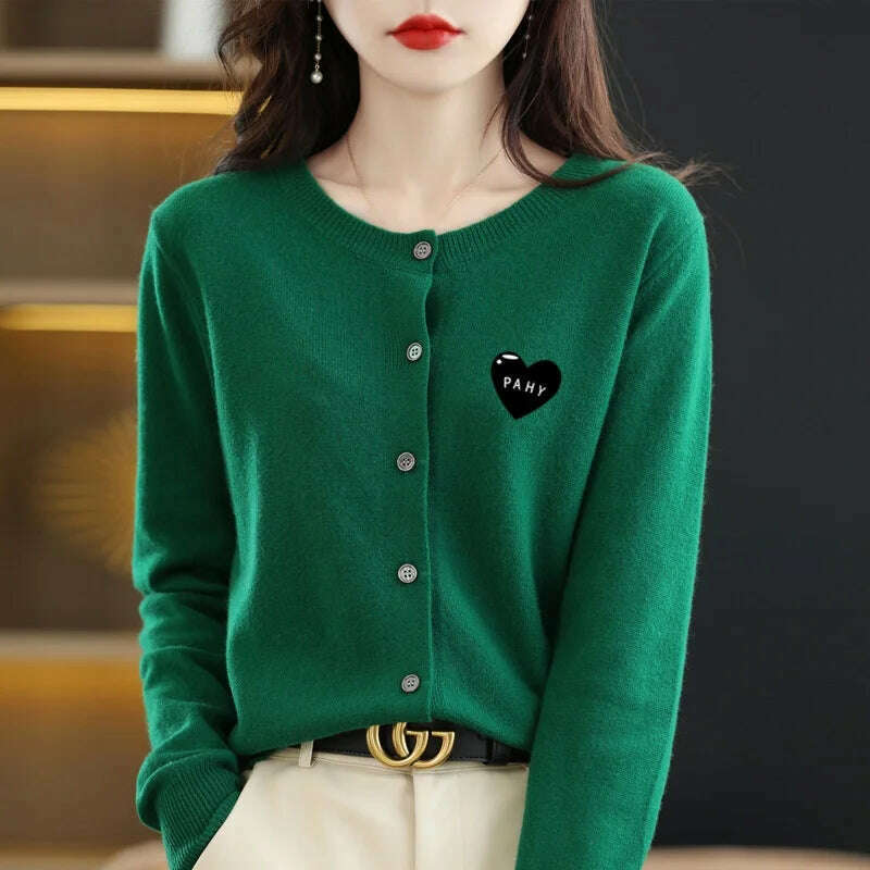 KIMLUD, Fashion Long Sleeve 100% Pure Merino Sweaters Wool Spring Autumn Cashmere Women Knitted O-Neck Top Cardigan Clothing Tops, emerald / XL, KIMLUD APPAREL - Womens Clothes