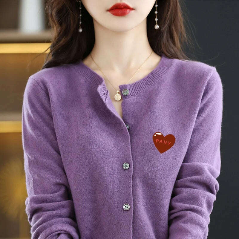 KIMLUD, Fashion Long Sleeve 100% Pure Merino Sweaters Wool Spring Autumn Cashmere Women Knitted O-Neck Top Cardigan Clothing Tops, Purple / S, KIMLUD APPAREL - Womens Clothes