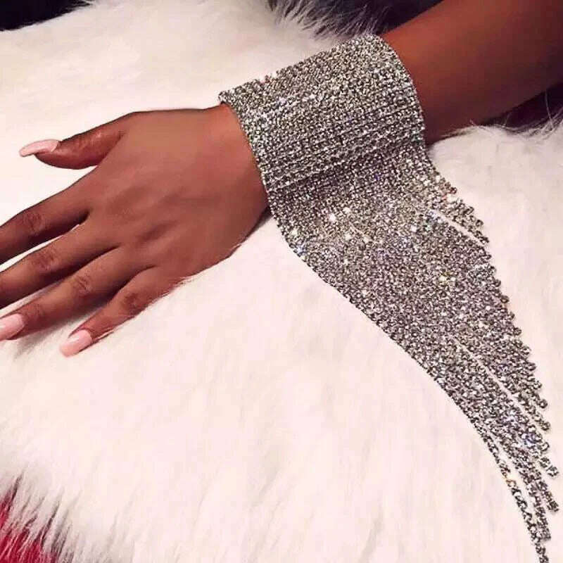 KIMLUD, Fashion Long Tassel Rhinestone Bracelet Hand Jewelry for Women Bridal Crystal Statement Bracelets Wedding Jewellery, KIMLUD Womens Clothes