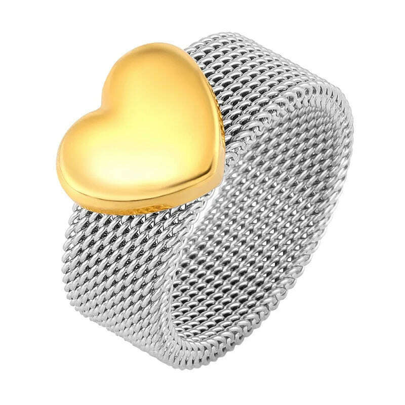 KIMLUD, Fashion Love Heart Mesh Rings Charm Reticulate Shiny Stainless Steel Round OL Finger Ring For Men Women Wedding Party Jewelry, 6 / Silver- Gold, KIMLUD APPAREL - Womens Clothes