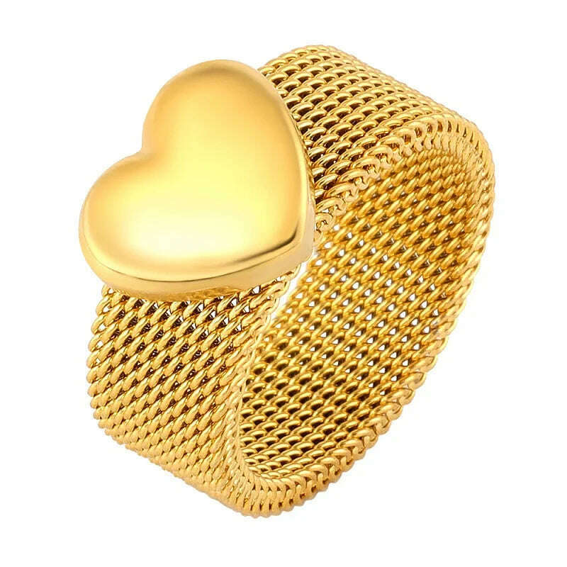 KIMLUD, Fashion Love Heart Mesh Rings Charm Reticulate Shiny Stainless Steel Round OL Finger Ring For Men Women Wedding Party Jewelry, 6 / Gold- Gold, KIMLUD APPAREL - Womens Clothes