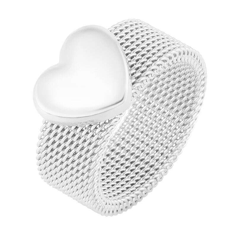 KIMLUD, Fashion Love Heart Mesh Rings Charm Reticulate Shiny Stainless Steel Round OL Finger Ring For Men Women Wedding Party Jewelry, KIMLUD Womens Clothes