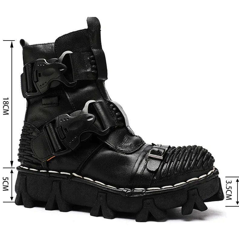 Fashion Men Genuine Leather Motorcycle Boots Winter Riding Boots Military Combat Boots Gothic Skull Punk Buckle Mid-calf Boots - KIMLUD