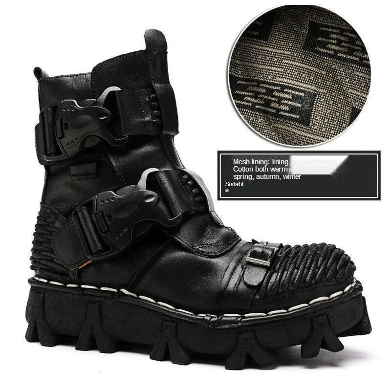 Fashion Men Genuine Leather Motorcycle Boots Winter Riding Boots Military Combat Boots Gothic Skull Punk Buckle Mid-calf Boots - KIMLUD