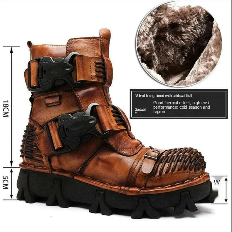 Fashion Men Genuine Leather Motorcycle Boots Winter Riding Boots Military Combat Boots Gothic Skull Punk Buckle Mid-calf Boots - KIMLUD