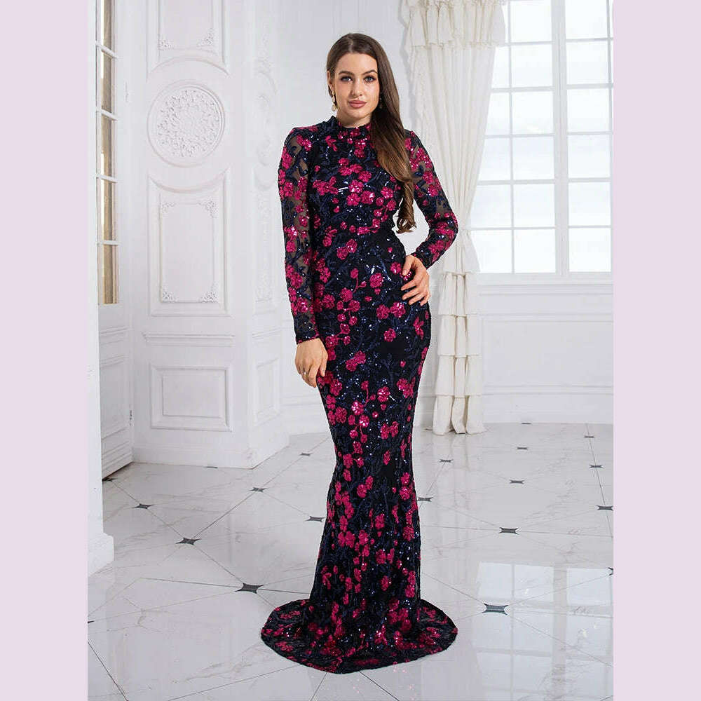 KIMLUD, Fashion New Style Long Sleeve Birthday Prom Dress Sequin Flower Elegant High Neck Tight With Lining Evening Party Gown Women, KIMLUD Womens Clothes