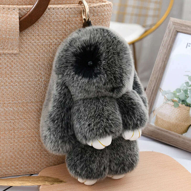 KIMLUD, Fashion  Pendant Bag Car Charm Tag Cute Mini Rabbit Toy Doll Real Fur Monster Keychains 100% Real Genuine Rex Rabbit Fur Keychai, frost black / 15 cm, KIMLUD APPAREL - Womens Clothes