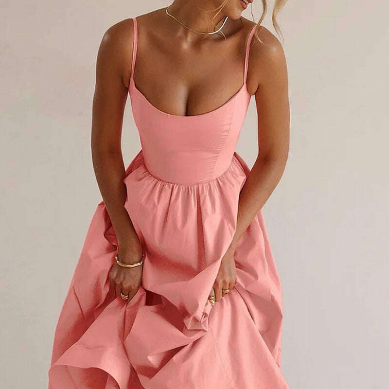 KIMLUD, Fashion Pink Pleated Strap Dress Women Elegant Solid Sleeveless Midi Dresses 2024 Summer Casual Female Robe Vestidos Holiday, KIMLUD Womens Clothes