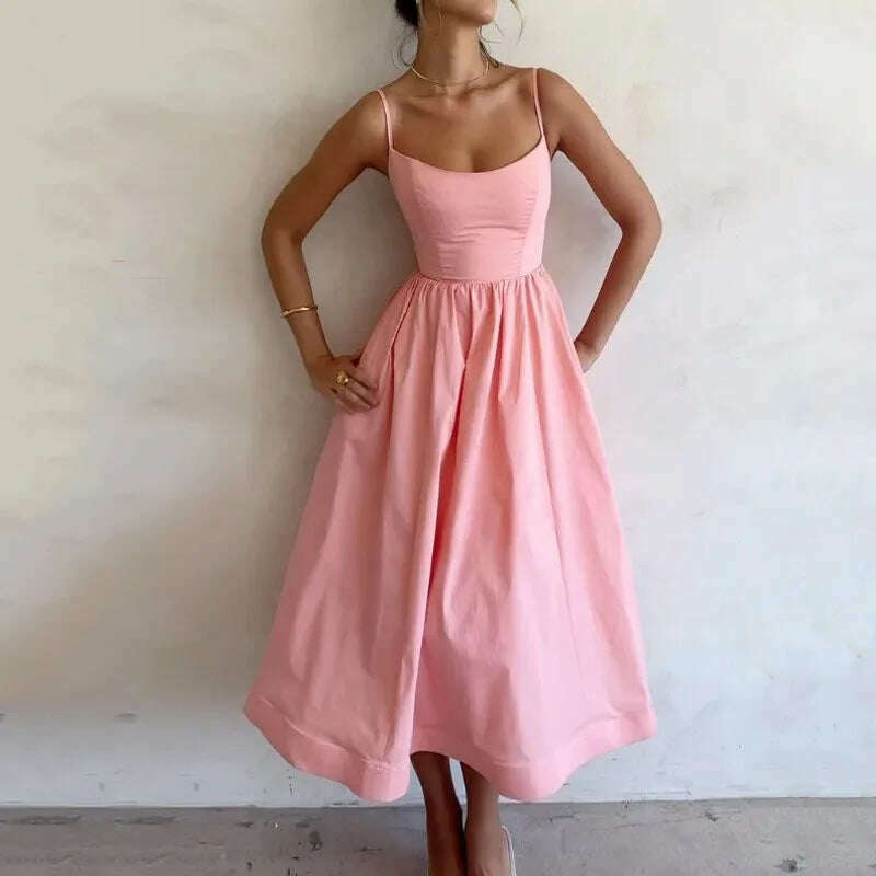 KIMLUD, Fashion Pink Pleated Strap Dress Women Elegant Solid Sleeveless Midi Dresses 2024 Summer Casual Female Robe Vestidos Holiday, Pink / S, KIMLUD APPAREL - Womens Clothes