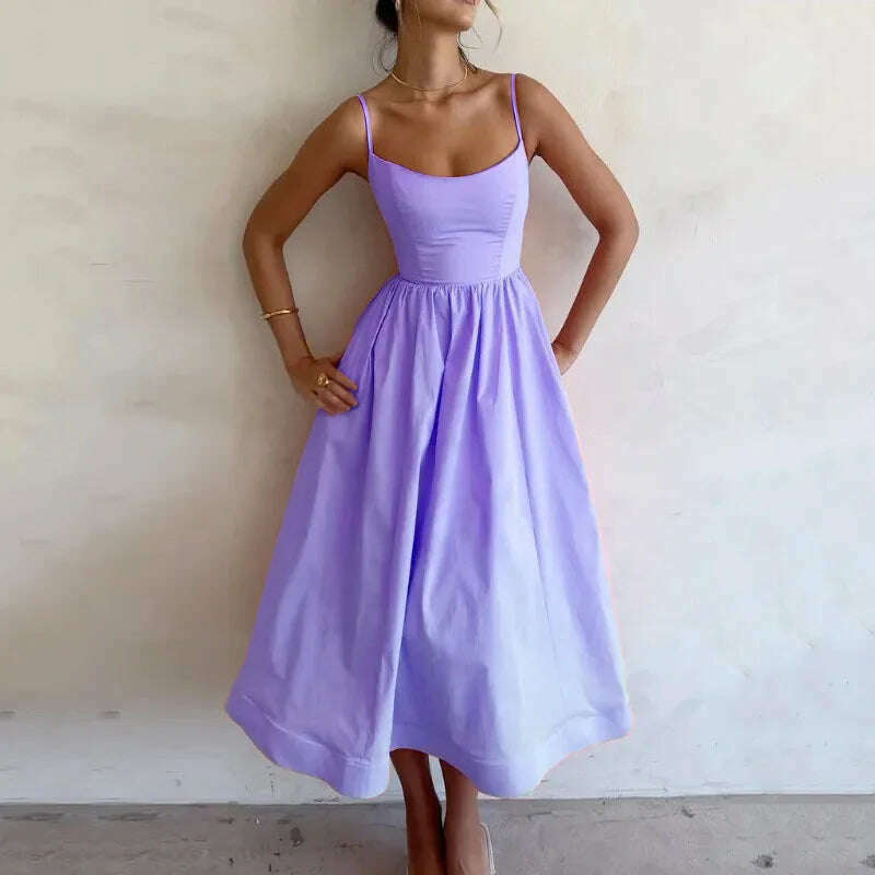 KIMLUD, Fashion Pink Pleated Strap Dress Women Elegant Solid Sleeveless Midi Dresses 2024 Summer Casual Female Robe Vestidos Holiday, PURPLE / S, KIMLUD APPAREL - Womens Clothes