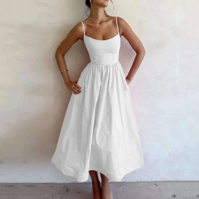 KIMLUD, Fashion Pink Pleated Strap Dress Women Elegant Solid Sleeveless Midi Dresses 2024 Summer Casual Female Robe Vestidos Holiday, WHITE / S, KIMLUD APPAREL - Womens Clothes