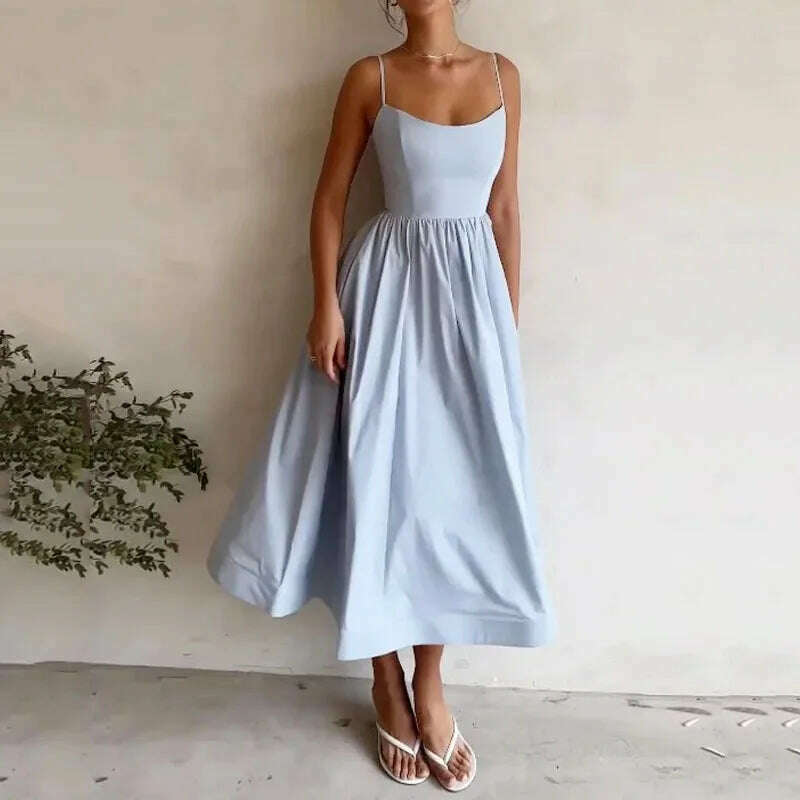 KIMLUD, Fashion Pink Pleated Strap Dress Women Elegant Solid Sleeveless Midi Dresses 2024 Summer Casual Female Robe Vestidos Holiday, Blue / S, KIMLUD APPAREL - Womens Clothes