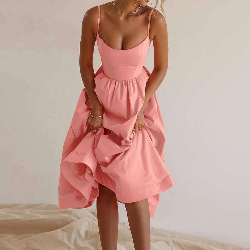 KIMLUD, Fashion Pink Pleated Strap Dress Women Elegant Solid Sleeveless Midi Dresses 2024 Summer Casual Female Robe Vestidos Holiday, KIMLUD Womens Clothes