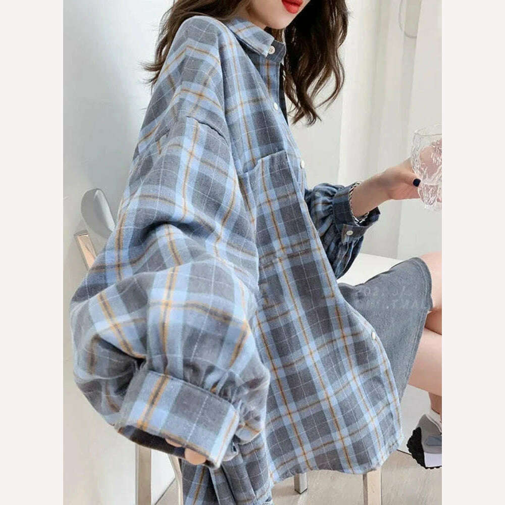 KIMLUD, Fashion Plaid Button Up Shirt Women Spring 2022 New Oversize Long Sleeve Tops Female Harajuku Daily All-match Chic Yellow Shirts, Blue / S, KIMLUD APPAREL - Womens Clothes