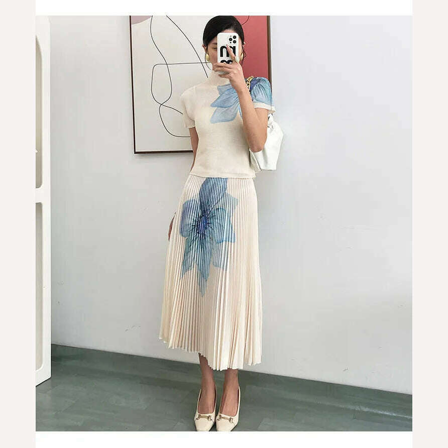 KIMLUD, Fashion Printed High Neck Elastic Slim Fitting T-shirt+printed Long Pleated Skirt Two-piece 2024 Autumn Elegant Women Skirt Set, KIMLUD Womens Clothes