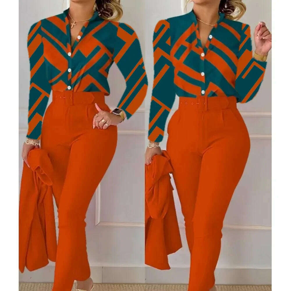 Fashion Printed Long Sleeved Shirt Women Suit Spring Autumn Slim Fit Shirtlace Up Pencil Pants Elegant Female Office 2 Piece Set - KIMLUD