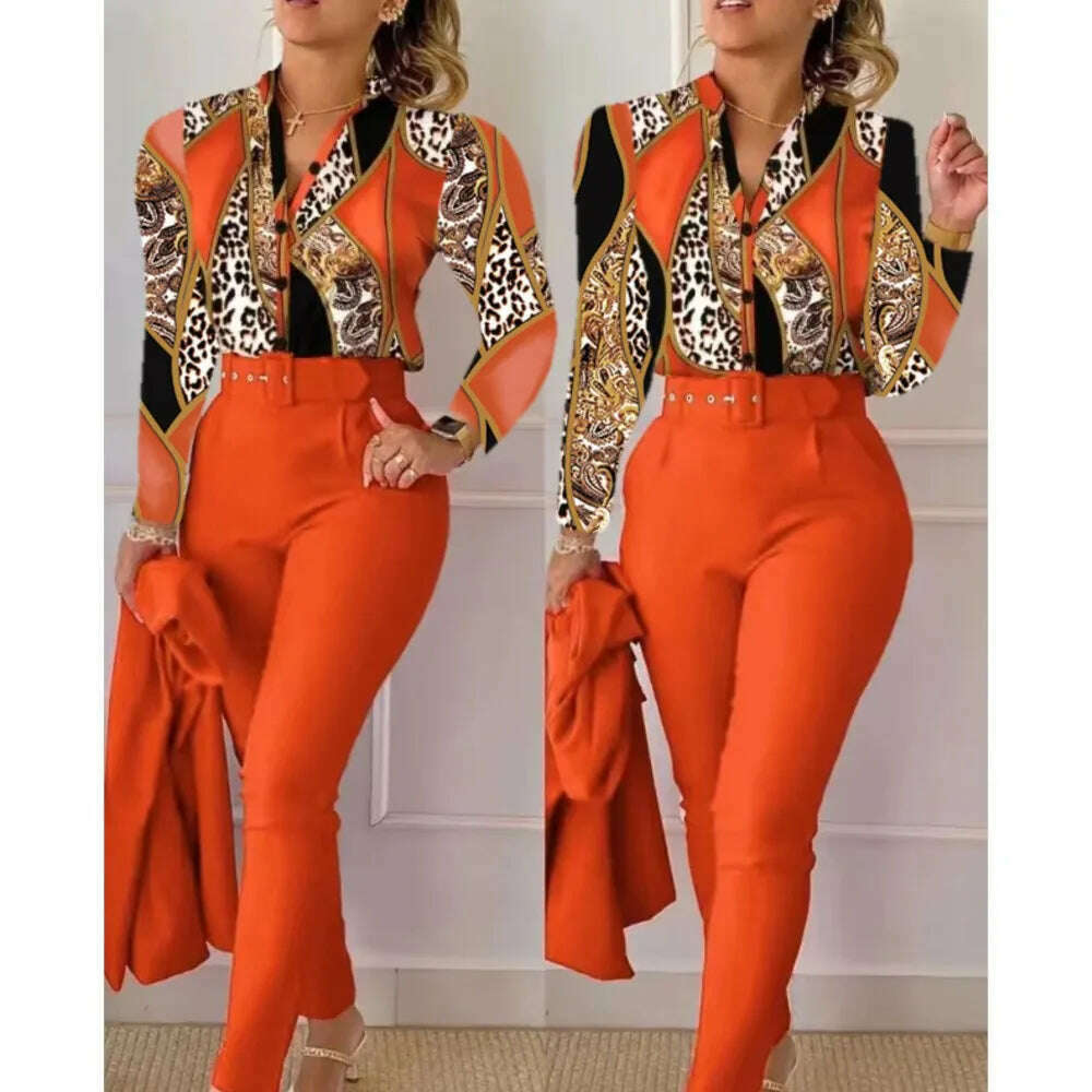 Fashion Printed Long Sleeved Shirt Women Suit Spring Autumn Slim Fit Shirtlace Up Pencil Pants Elegant Female Office 2 Piece Set - KIMLUD