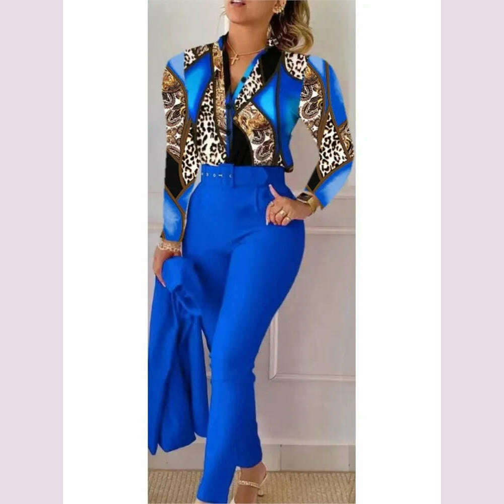 KIMLUD, Fashion Printed Long Sleeved Shirt Women Suit Spring Autumn Slim Fit Shirtlace Up Pencil Pants Elegant Female Office 2 Piece Set, Blue / XXL, KIMLUD APPAREL - Womens Clothes