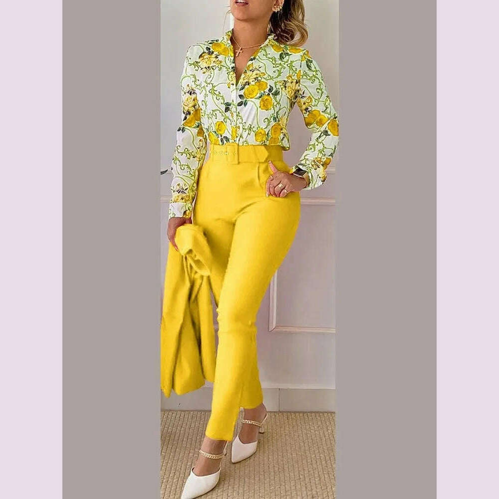 KIMLUD, Fashion Printed Long Sleeved Shirt Women Suit Spring Autumn Slim Fit Shirtlace Up Pencil Pants Elegant Female Office 2 Piece Set, Yellow / L, KIMLUD APPAREL - Womens Clothes