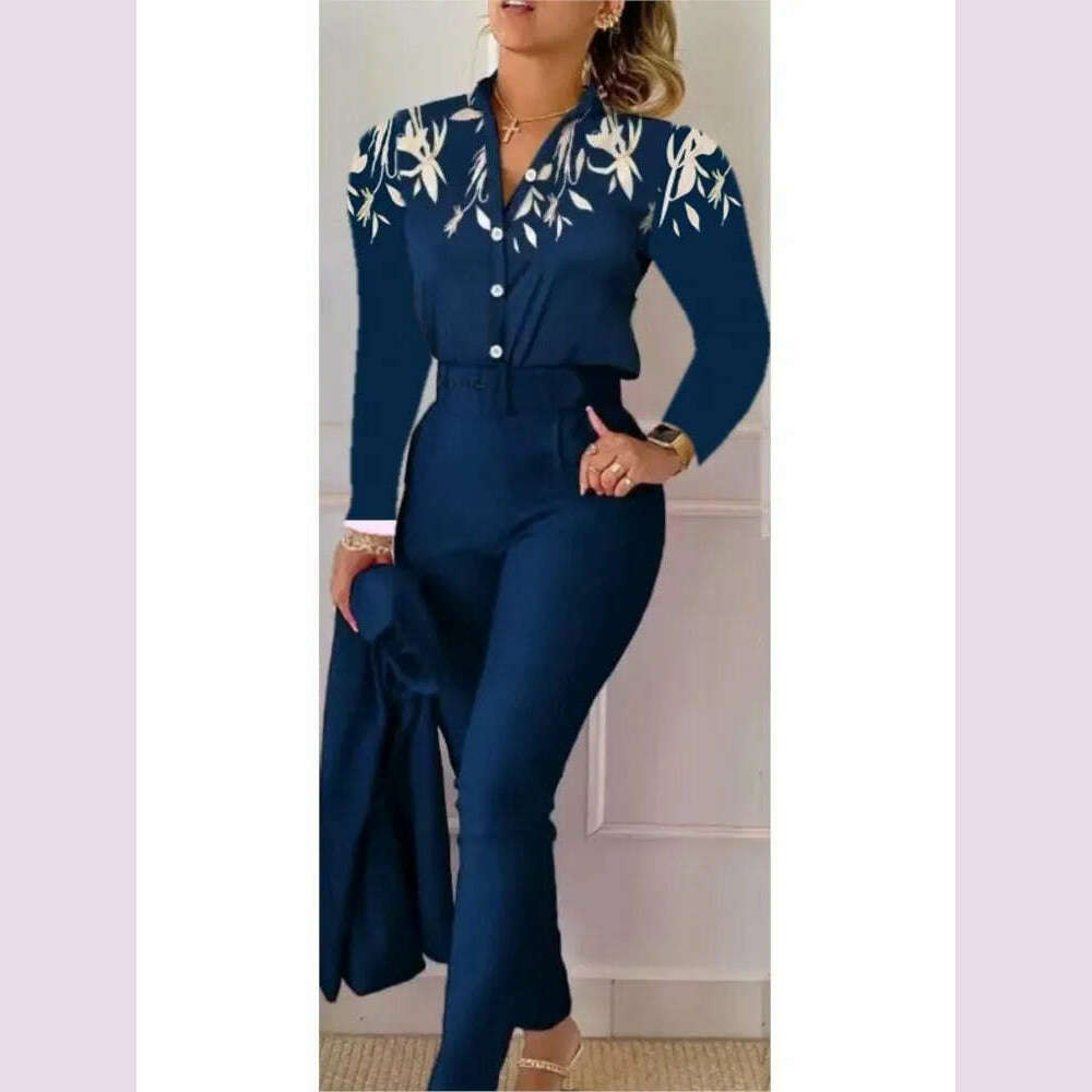 KIMLUD, Fashion Printed Long Sleeved Shirt Women Suit Spring Autumn Slim Fit Shirtlace Up Pencil Pants Elegant Female Office 2 Piece Set, Sky blue / XL, KIMLUD APPAREL - Womens Clothes