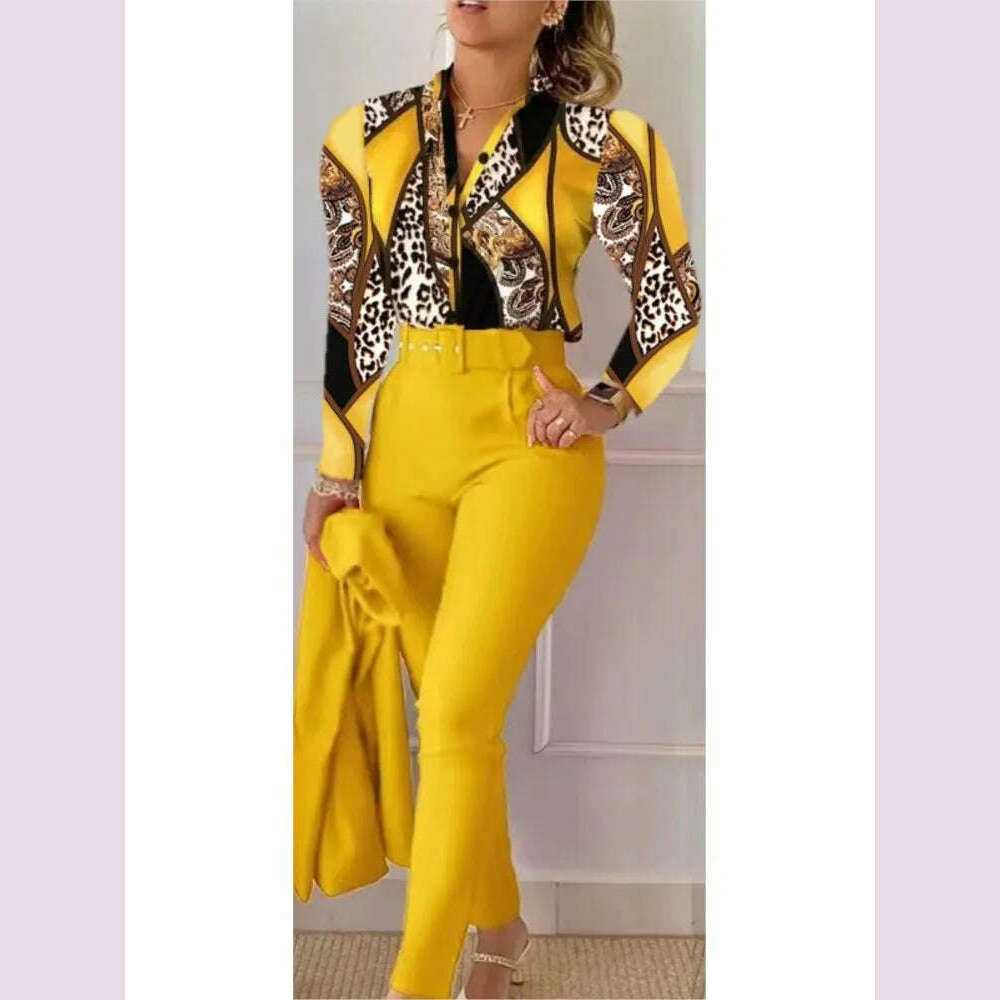 KIMLUD, Fashion Printed Long Sleeved Shirt Women Suit Spring Autumn Slim Fit Shirtlace Up Pencil Pants Elegant Female Office 2 Piece Set, Light Yellow / XL, KIMLUD APPAREL - Womens Clothes