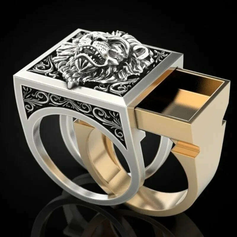 Fashion Punk Domineering Lion Head Men's Ring Creative Storage Finger Link Day Friendship Jewelry - KIMLUD