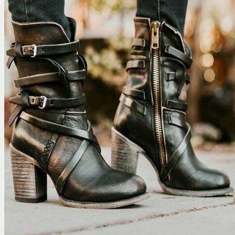 KIMLUD, Fashion Punk Gothic Style Buckle Strap Round Toe Boots Women Shoes Zipper Boots Street haulage motor mujer zapatos 2019, KIMLUD Womens Clothes